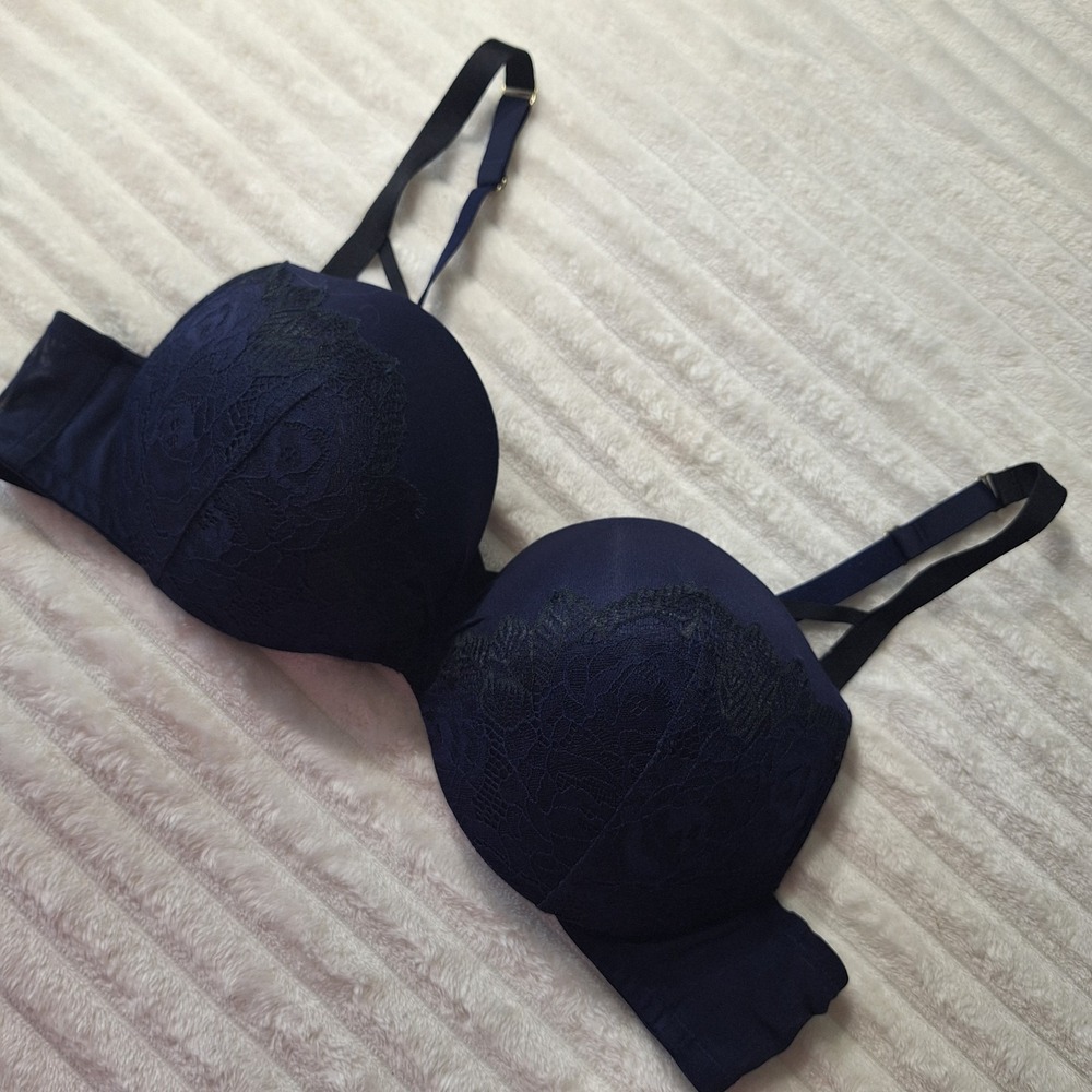Cacique Max Boost Plunge Bra 44B Lace Overlay Navy Push Up Padded Coquette Sexy